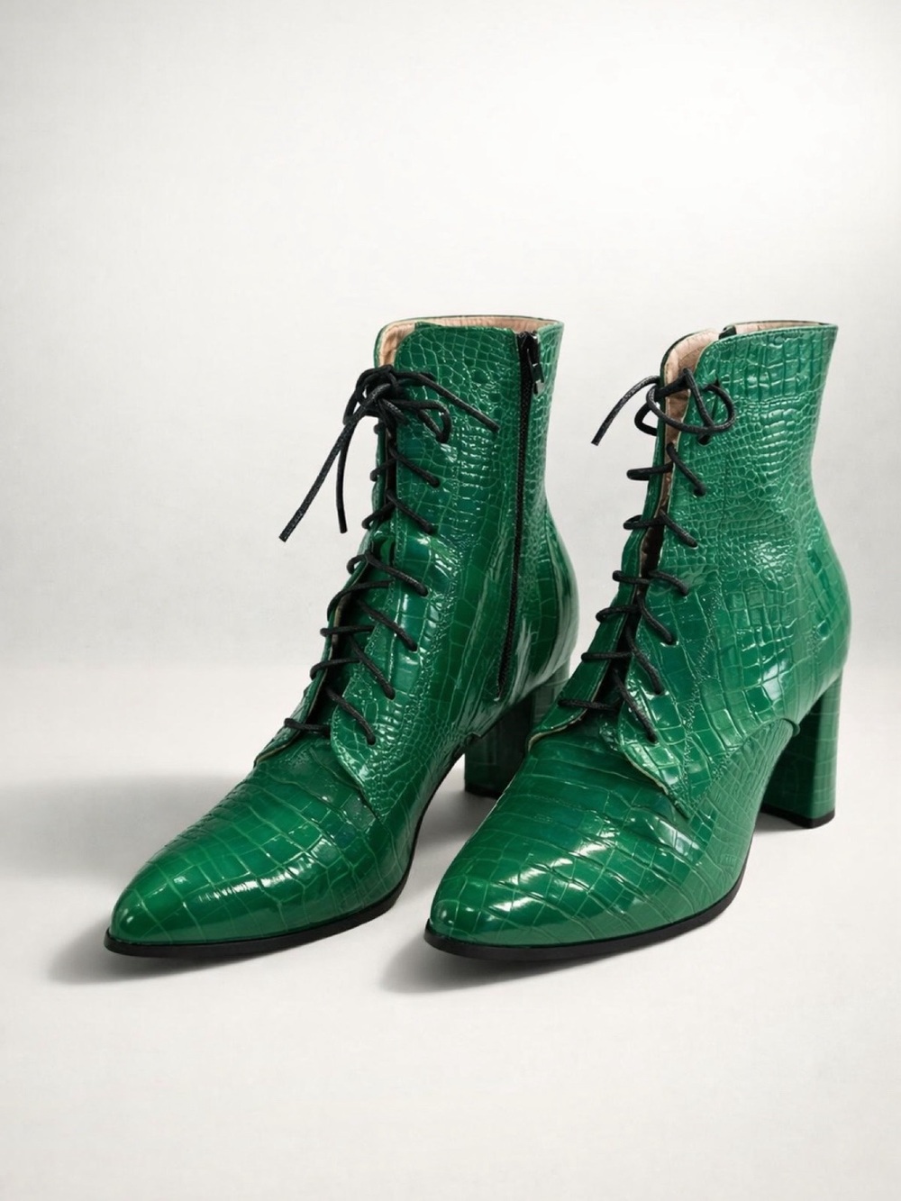 Green Croc-Embossed Lace-Up Ankle Boots
